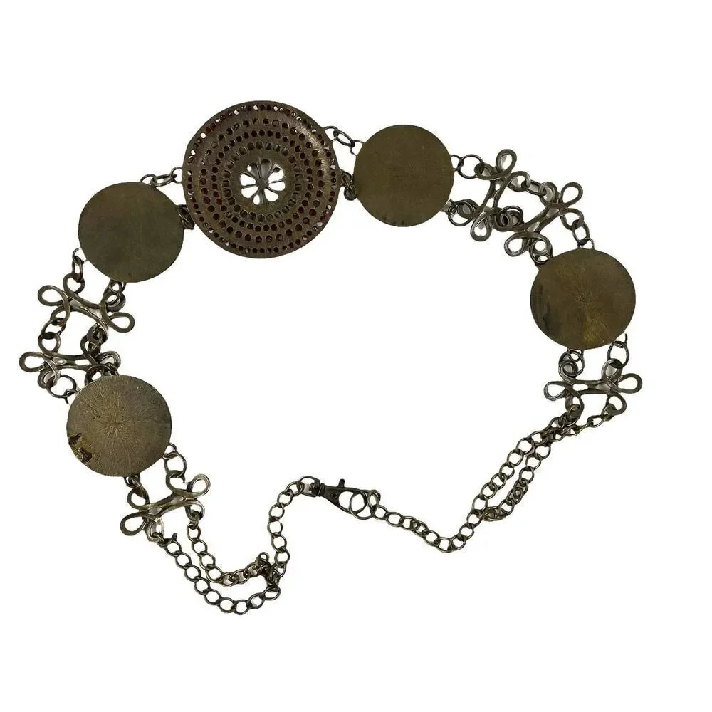 Brass Tone‎ Metal Chain Concho Belt Rust orange Stones Boho Artsy